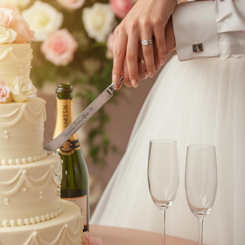 kingump 4 Piece Wedding Cake Cutting Set, Knife and Server with Forks, Elegant Wedding Cake Knife and Server Set for Bride and Groom(Silver 2) - Image 2